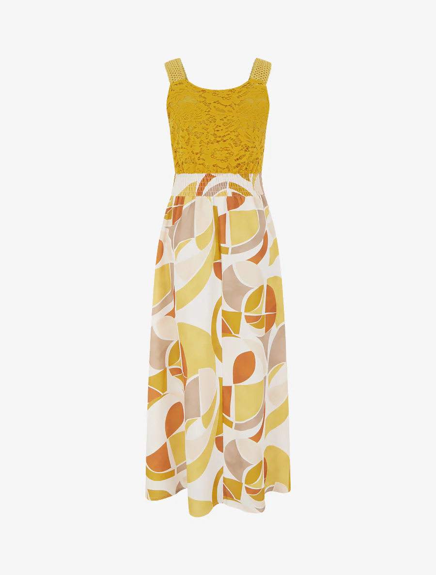 Jurk met abstracte print en gehaakte bandjes - Mosterdgeel - Image 2