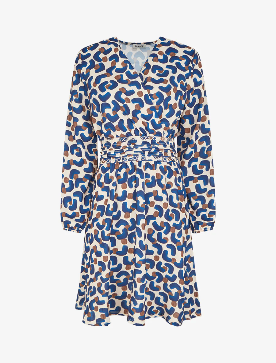 Jurk met abstracte print en overslagkraag - Marine