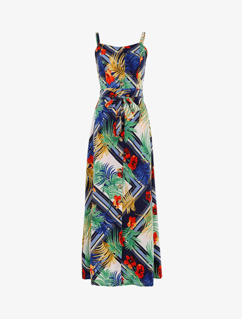 Jurk met bladeren en bloemenprint - marineblauw