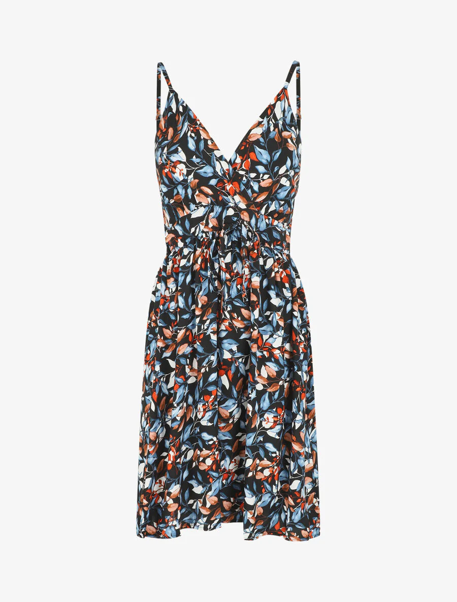 Jurk met bladerdecorprint en dunne bandjes - Zwart