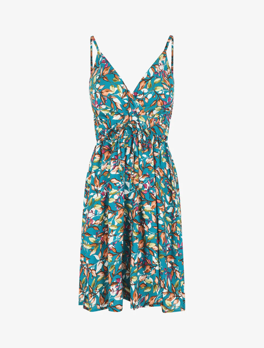 Jurk met bladerdecorprint en dunne bandjes - Blauwgroen