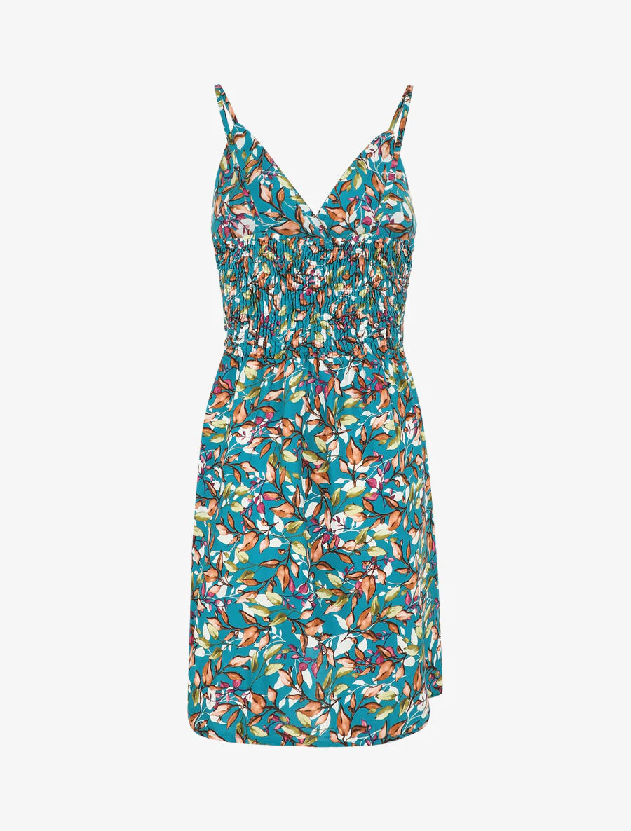 Jurk met bladerdecorprint en dunne bandjes - Blauwgroen - Image 2