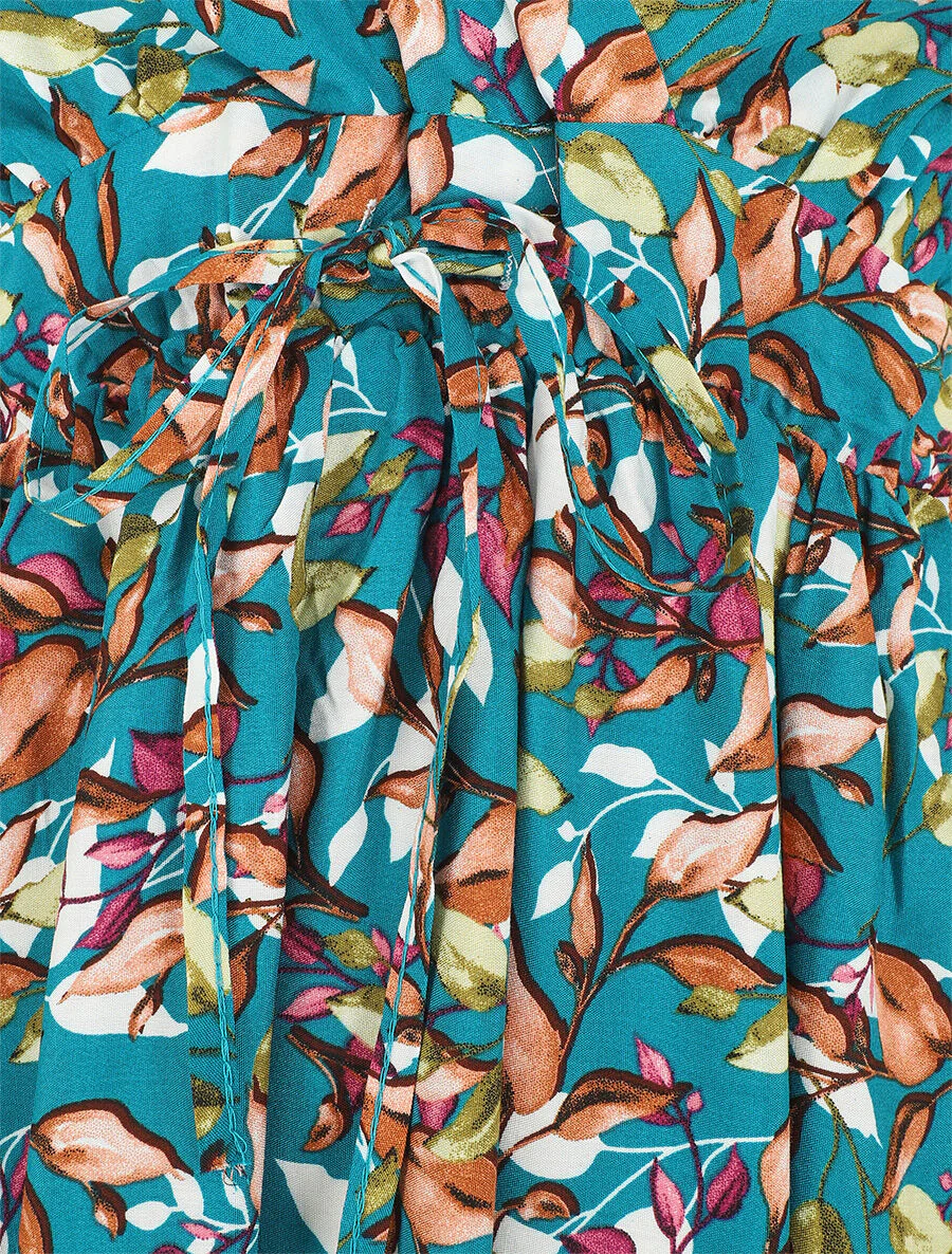 Jurk met bladerdecorprint en dunne bandjes - Blauwgroen - Image 3