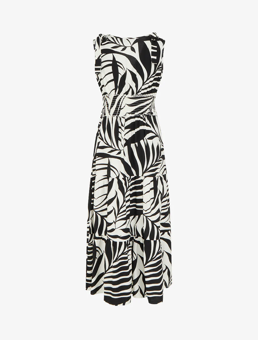 Jurk met bladerenprint en knoopbandjes - Zwart - Image 2