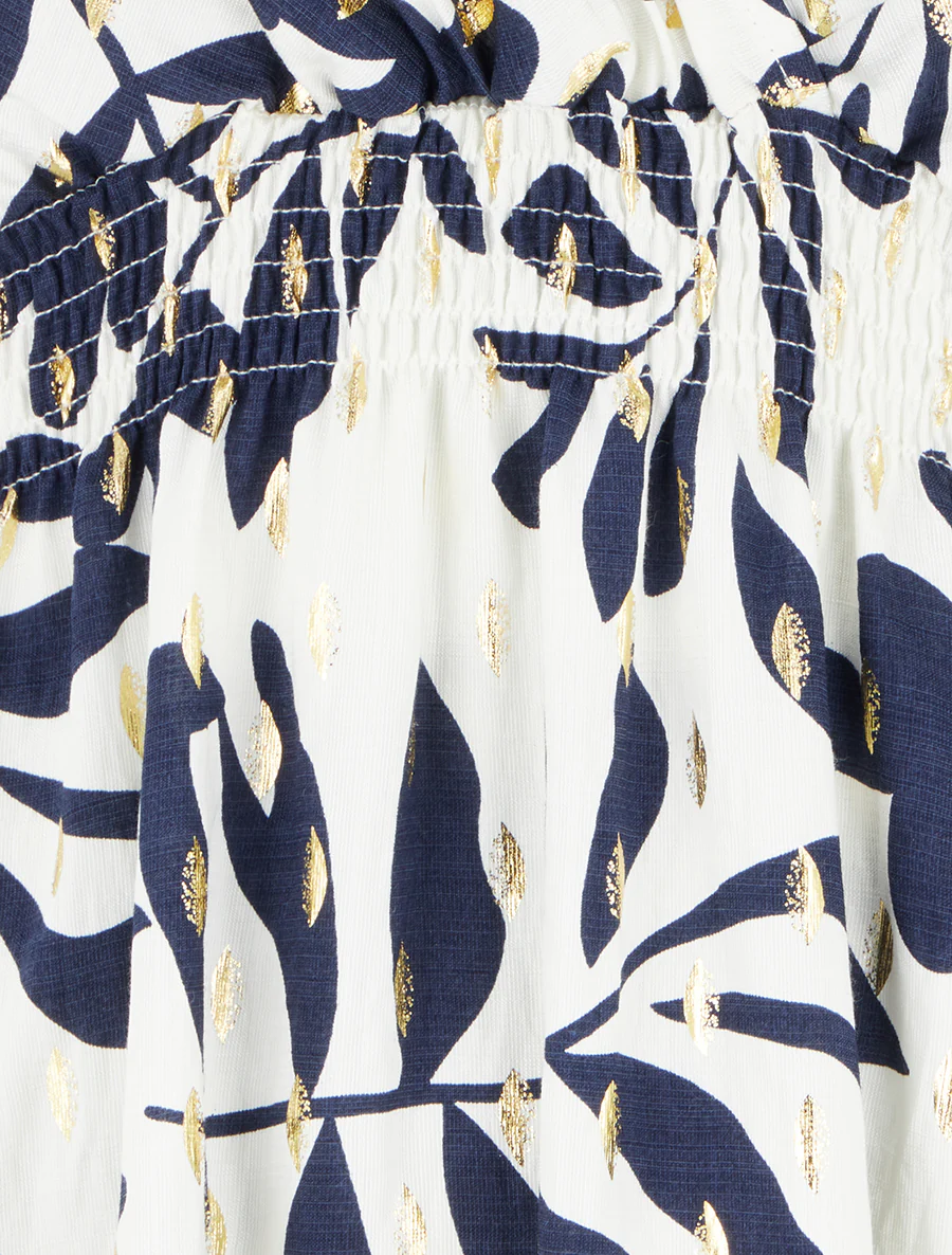 Jurk met bladprint en elastische tailleband - Marine - Image 3