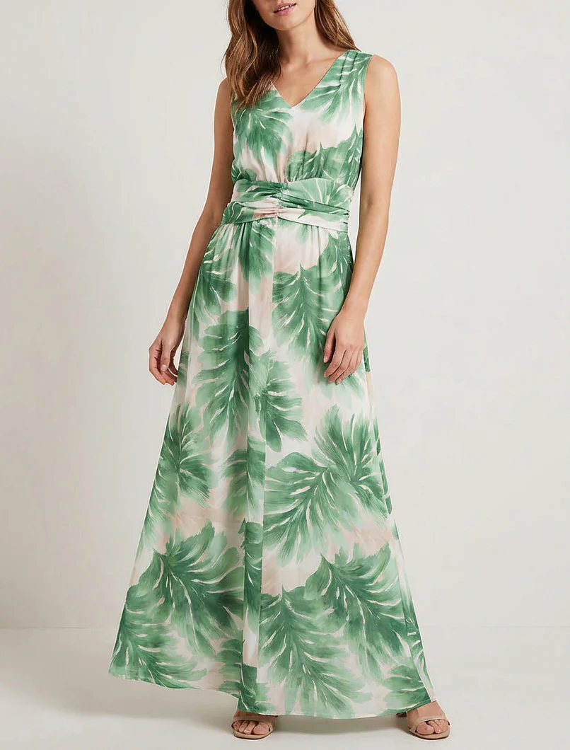 Jurk met bladprint en elastische tailleband - Groen - Image 4