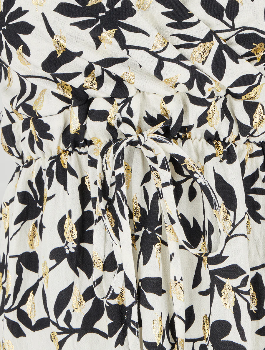 Jurk met bladprint en iriserend detail - Wit - Image 3