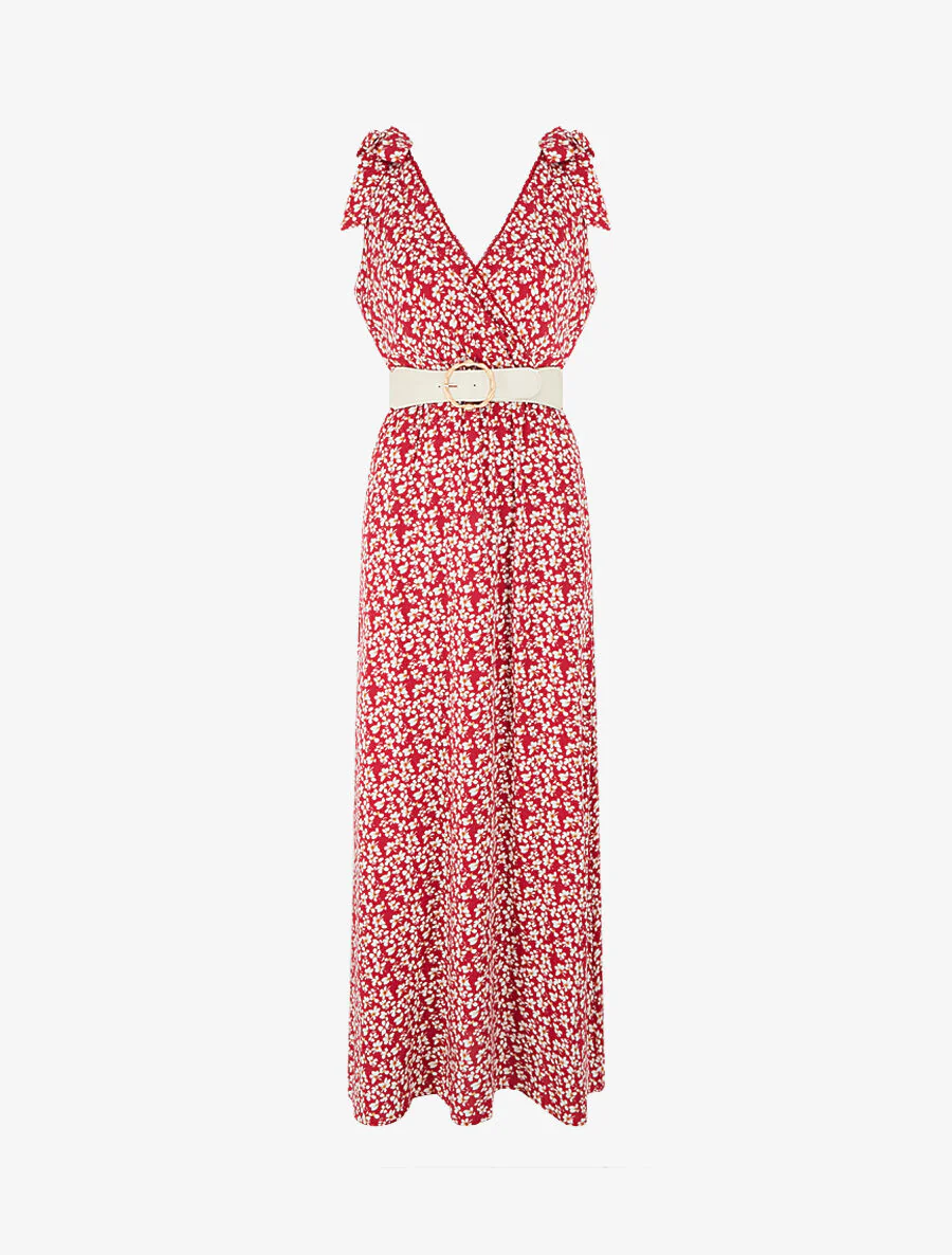 Jurk met bloemenprint en schouderstrikken - Rood