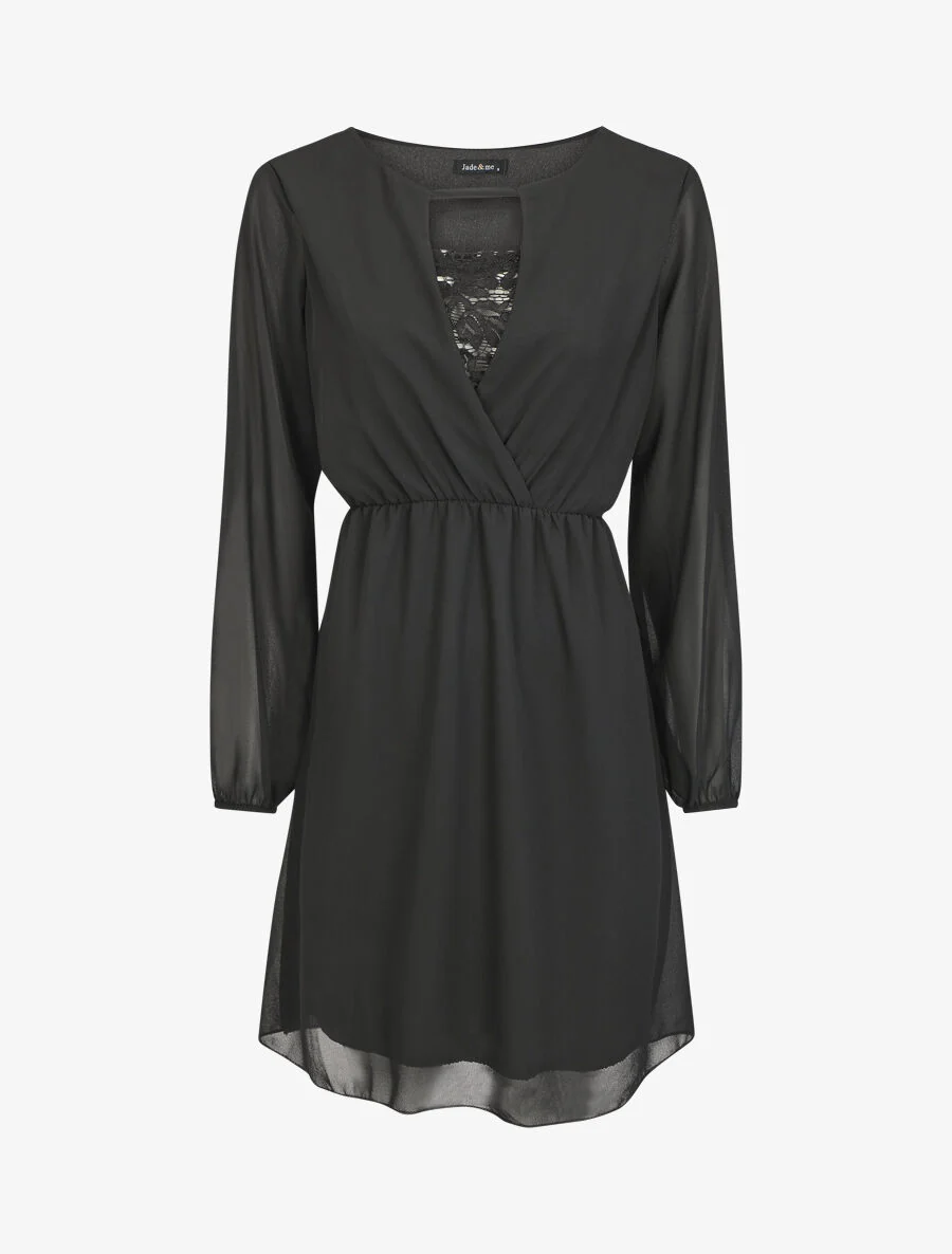 Jurk met elastische taille en kanten detail - zwart