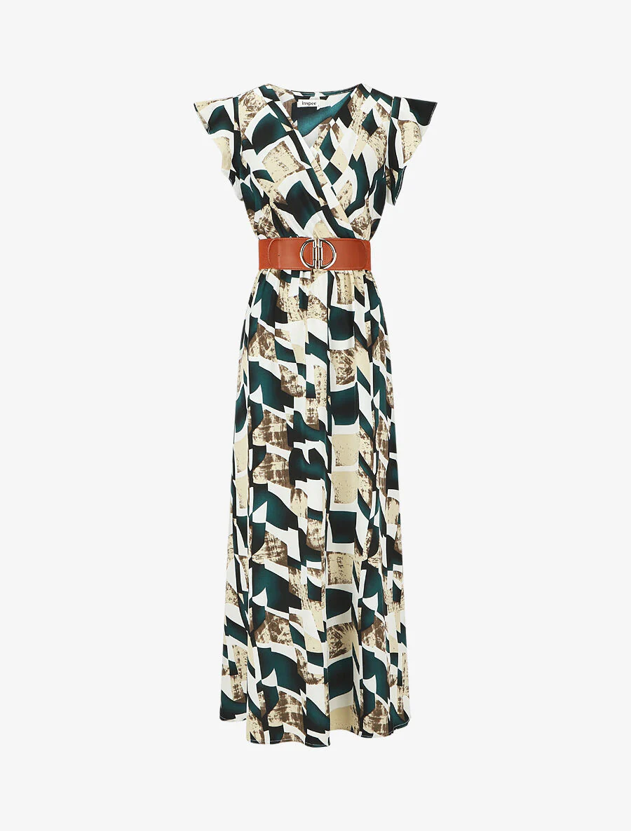 Jurk met grafische print. korte mouwen met ruches - groen