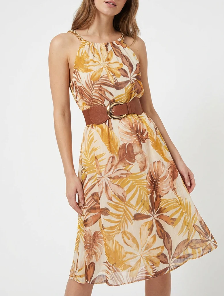 Jurk met kettingbandjes tropische print - Mosterdgeel - Image 4