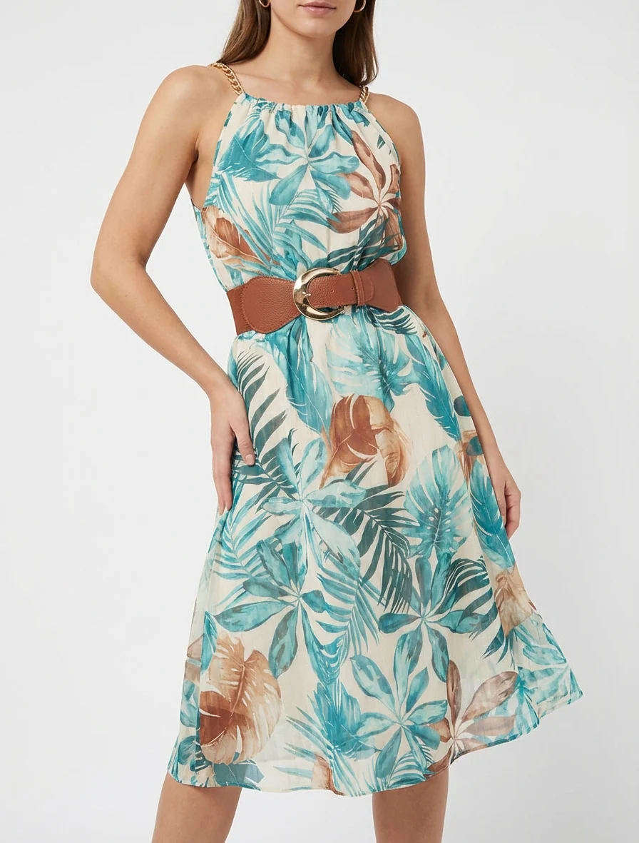 Jurk met kettingbandjes tropische print - Turkoois - Image 4