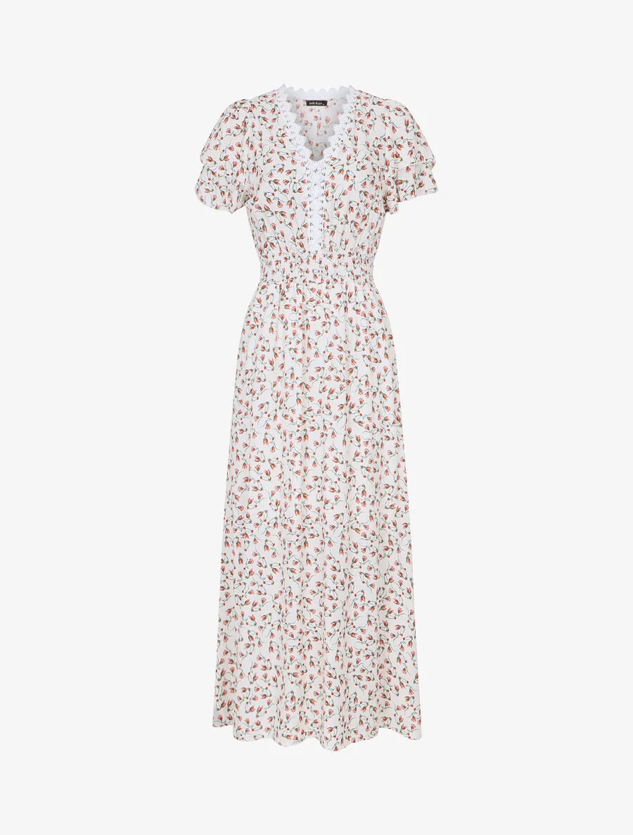 Jurk met kleine bloemenprint en dubbele mouwen - wit