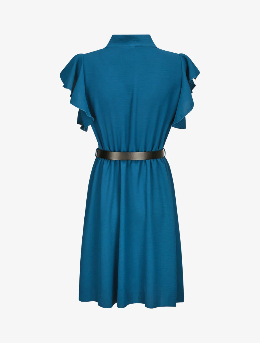 Jurk met lavalierekraag en mouwen met ruches - Blauwgroen - Image 2
