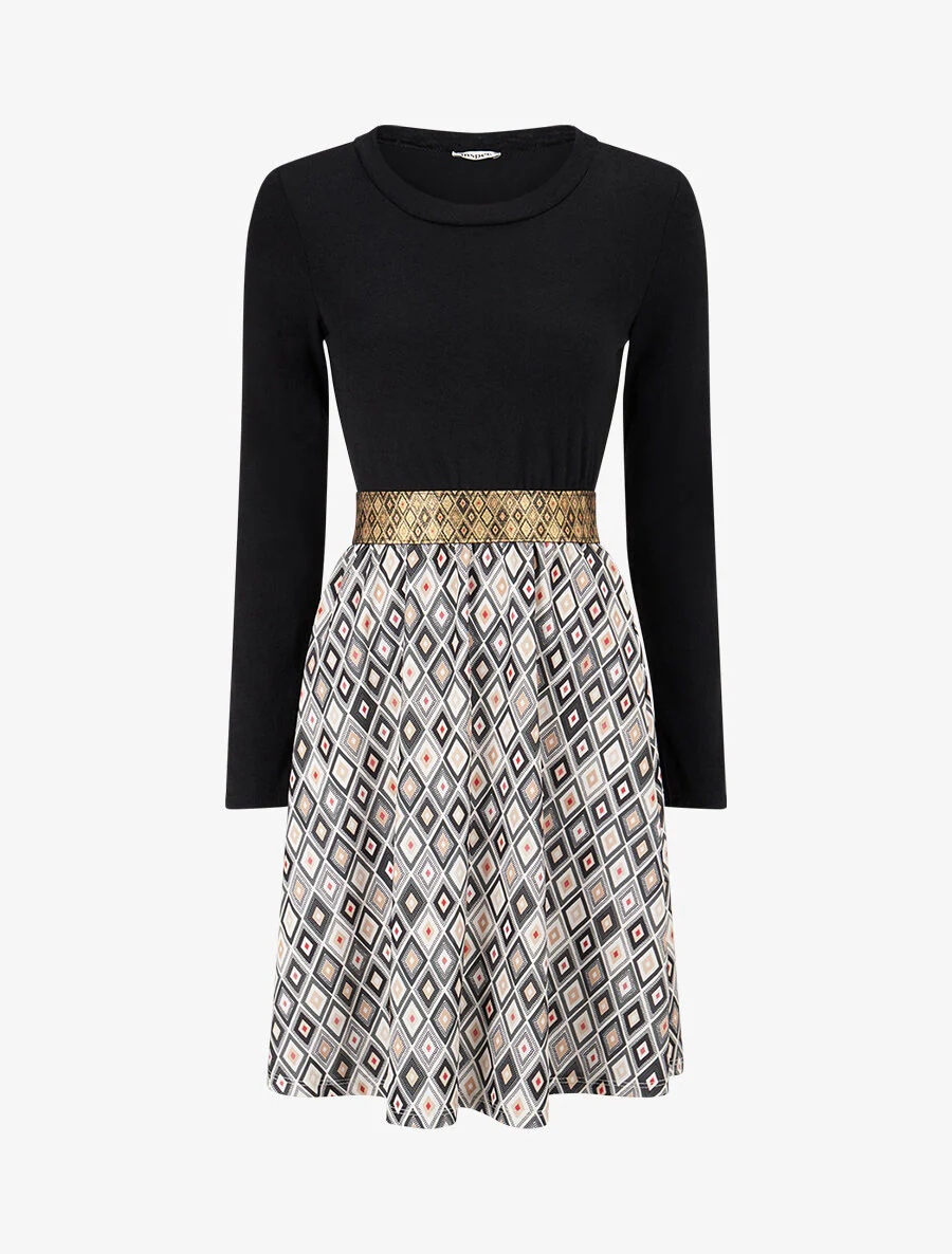 Jurk met ruitenprint en zwierige taille - Zwart