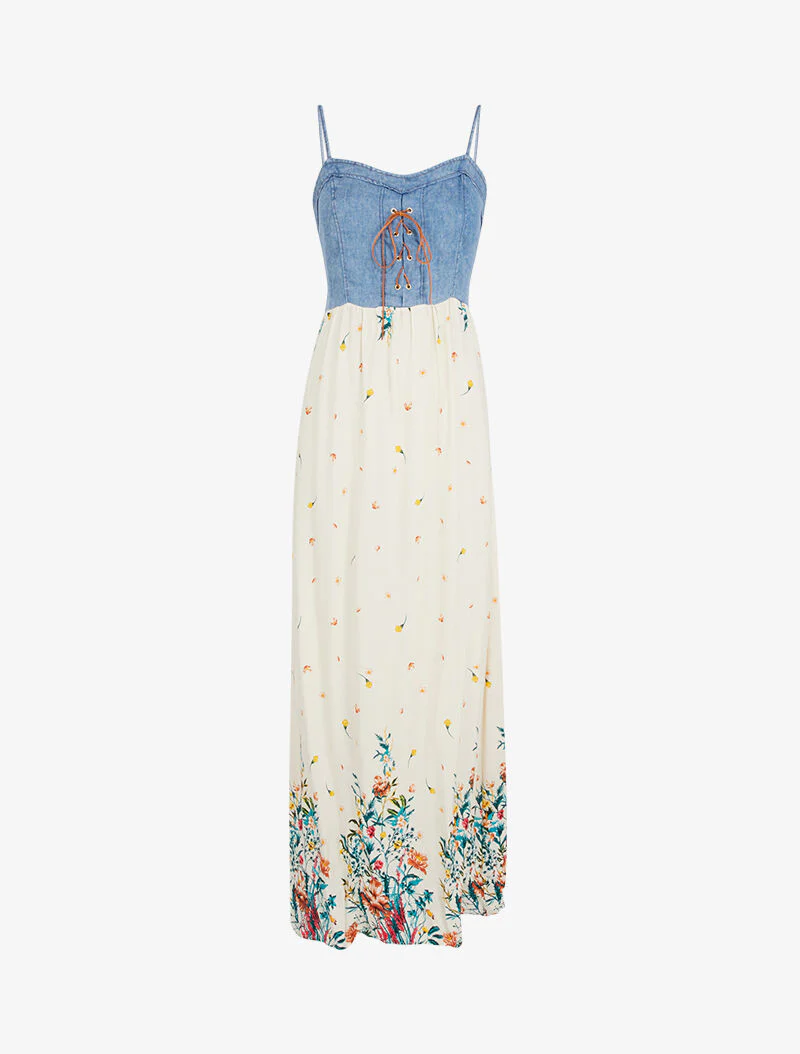 Jurk met spijkerstof effect en prints - beige