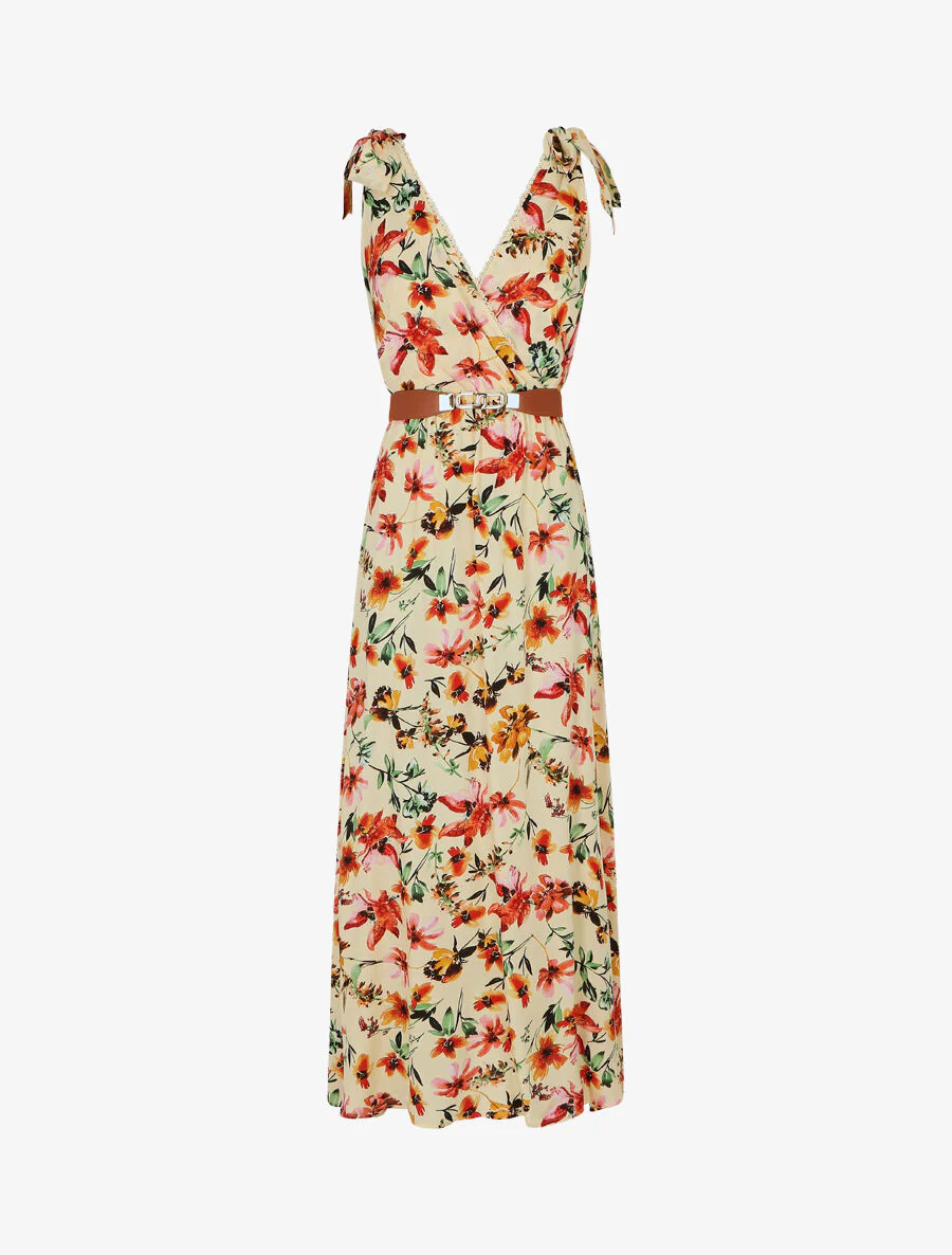 Jurk met V-hals met bloemige print - Beige