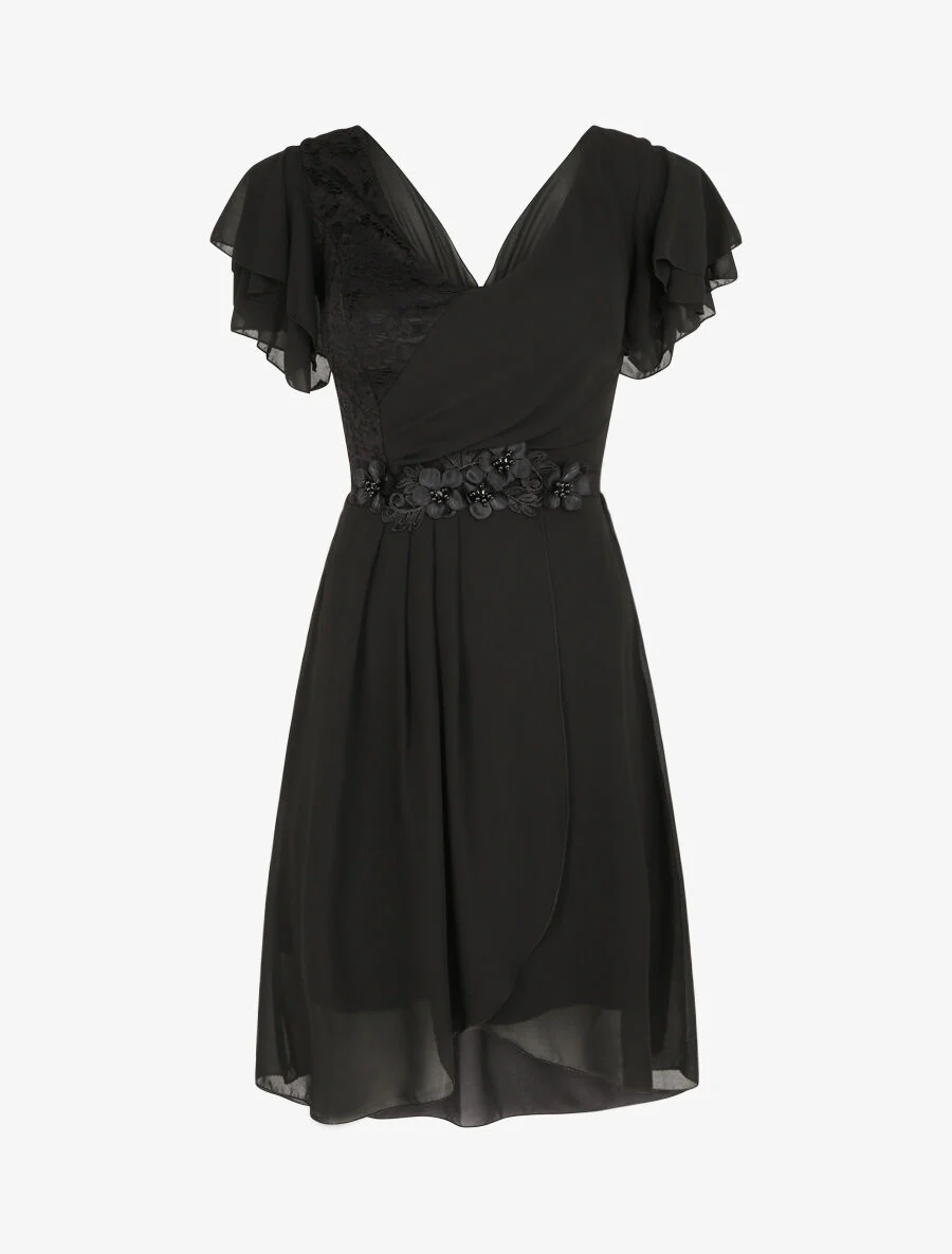 Jurk met ruches mouwen en bloemen en strass details - Zwart