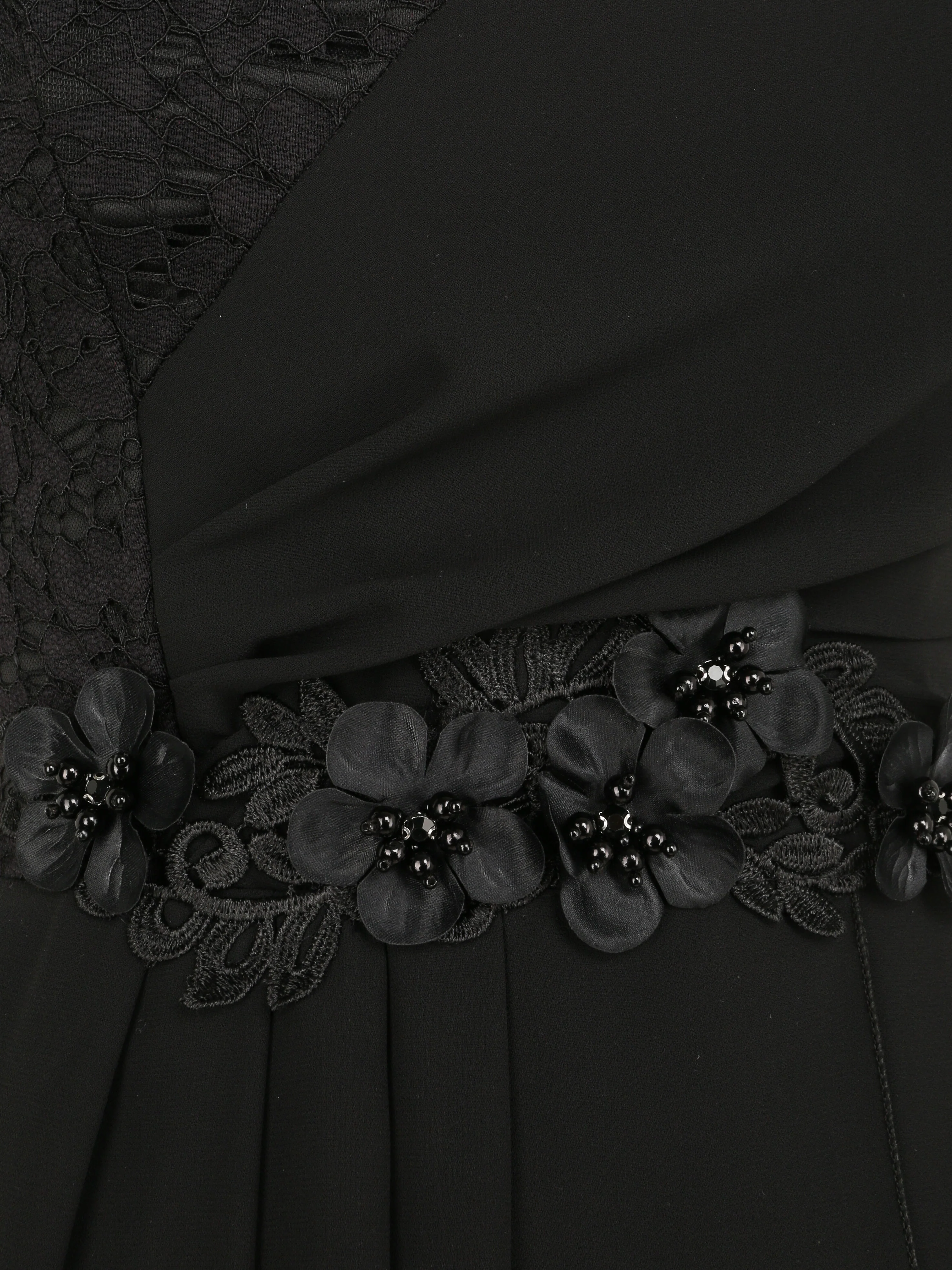 Jurk met ruches mouwen en bloemen en strass details - Zwart - Image 3