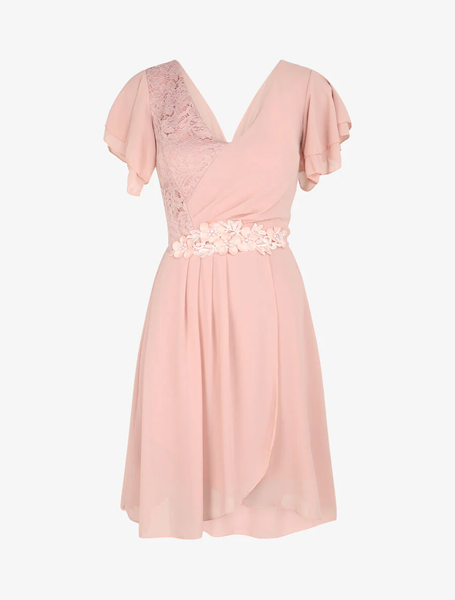 Jurk met ruches mouwen en bloemen en strass details - Poederroze