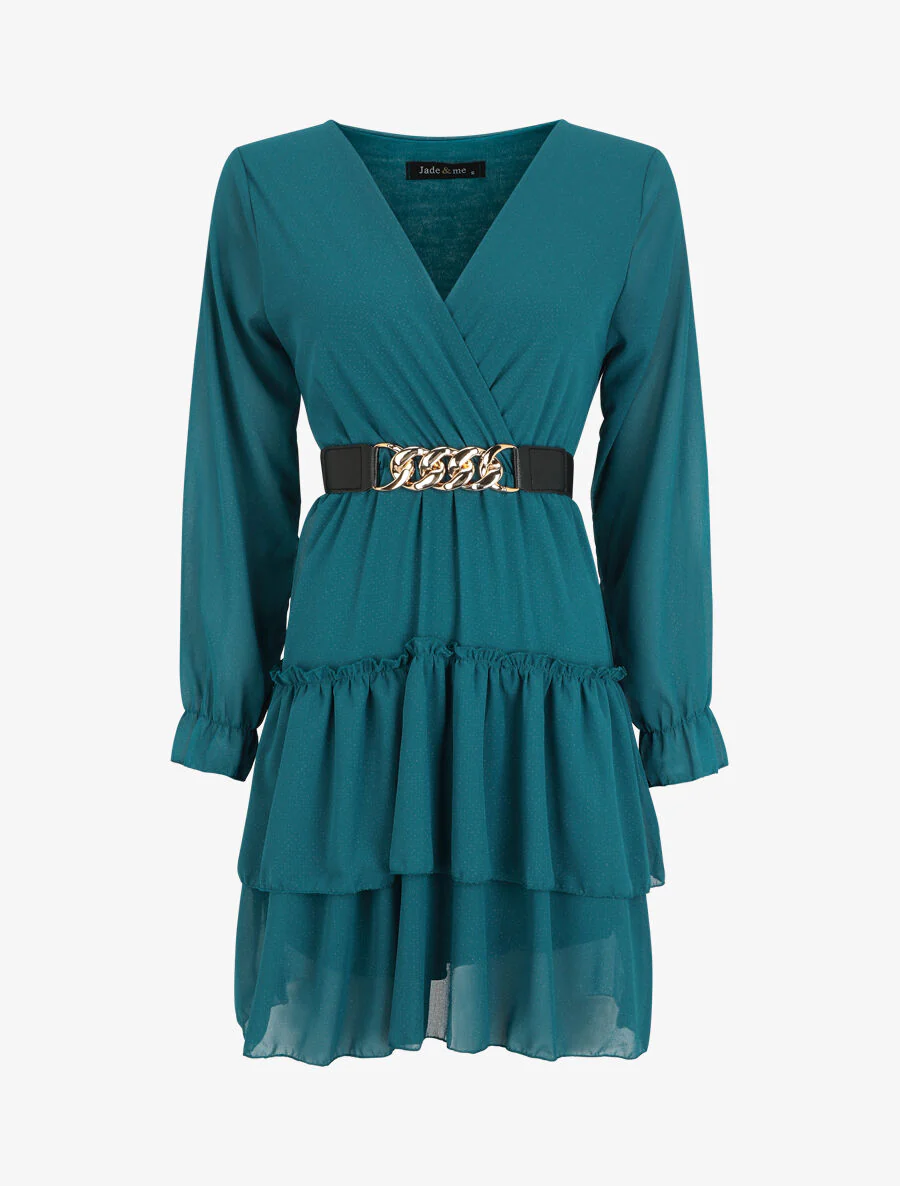 Jurk met wikkelkraag en ruches - Blauwgroen