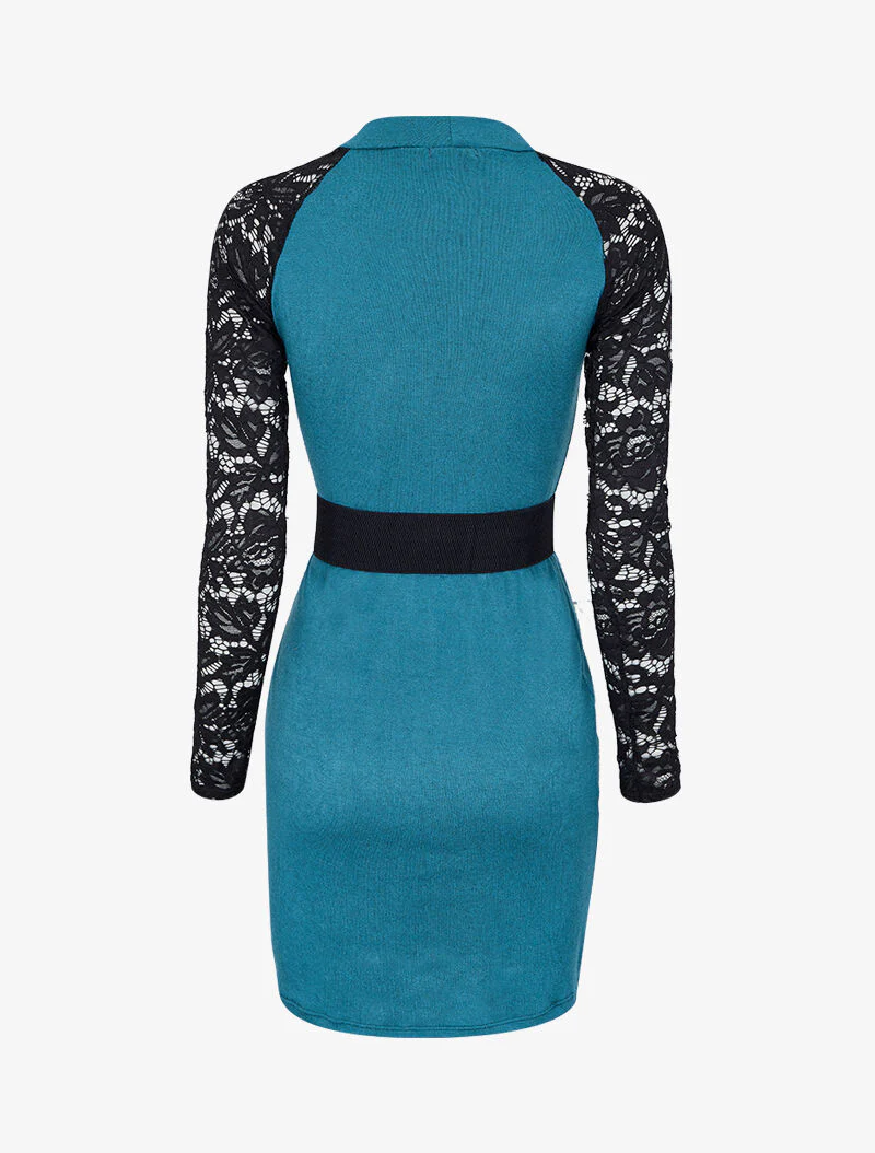 Getailleerde trui jurk met kanten mouwen - Karrenblauw - Image 3