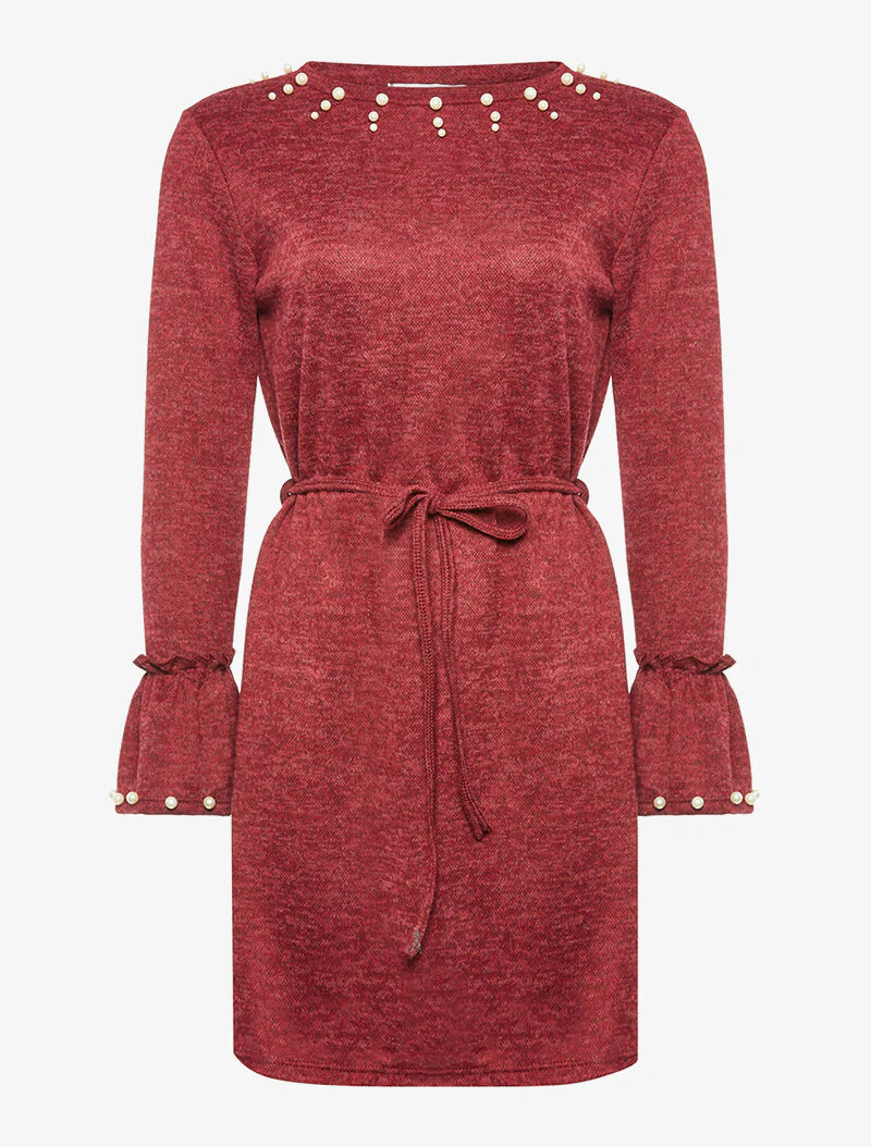 Trui-jurk met parelkraag - bordeaux