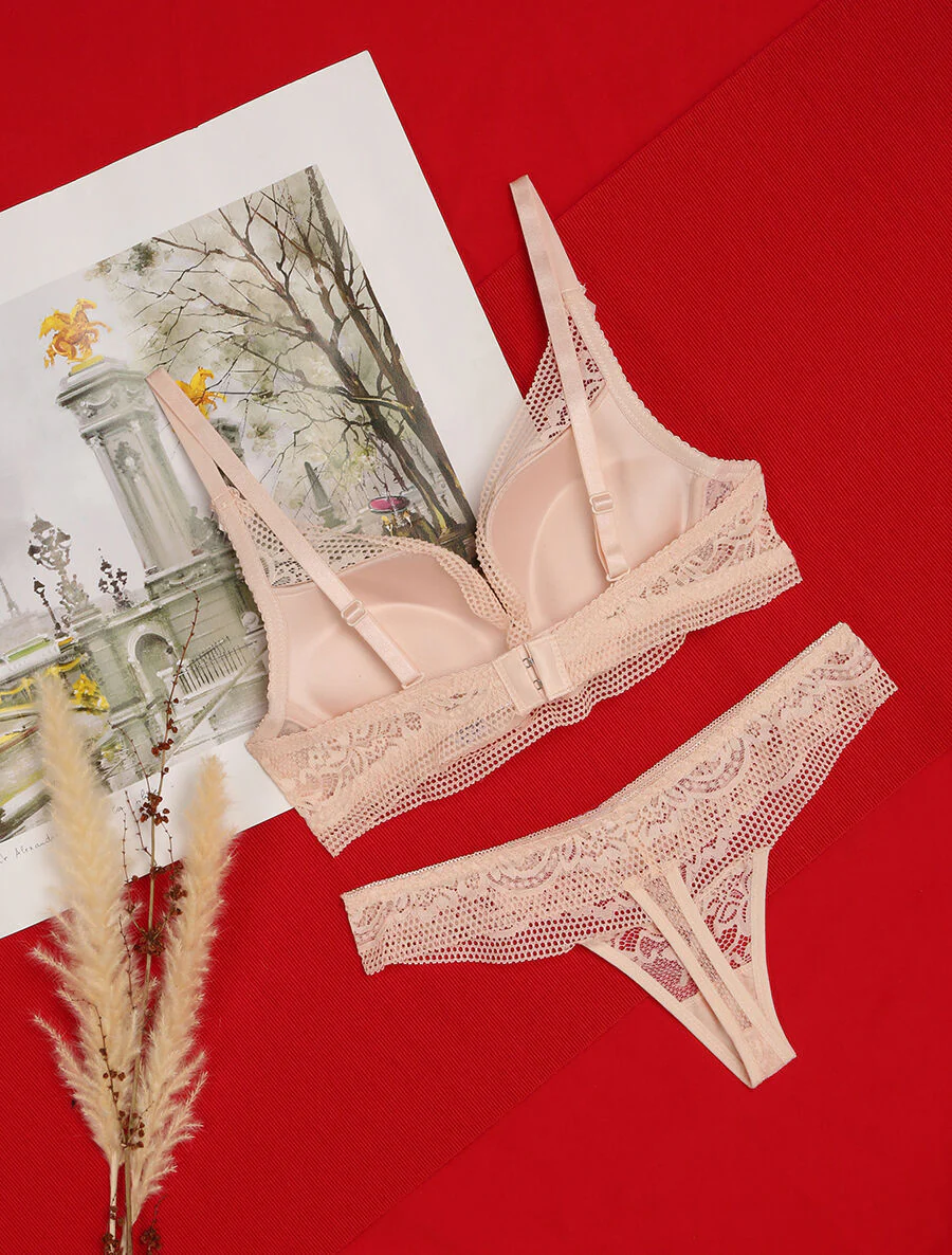 Kanten set met bloemen en strikdetail - Nude - Image 2