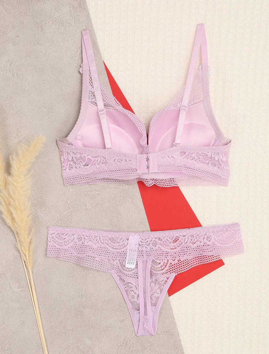 Kanten set met bloemen en strikdetail - Lila - Image 2
