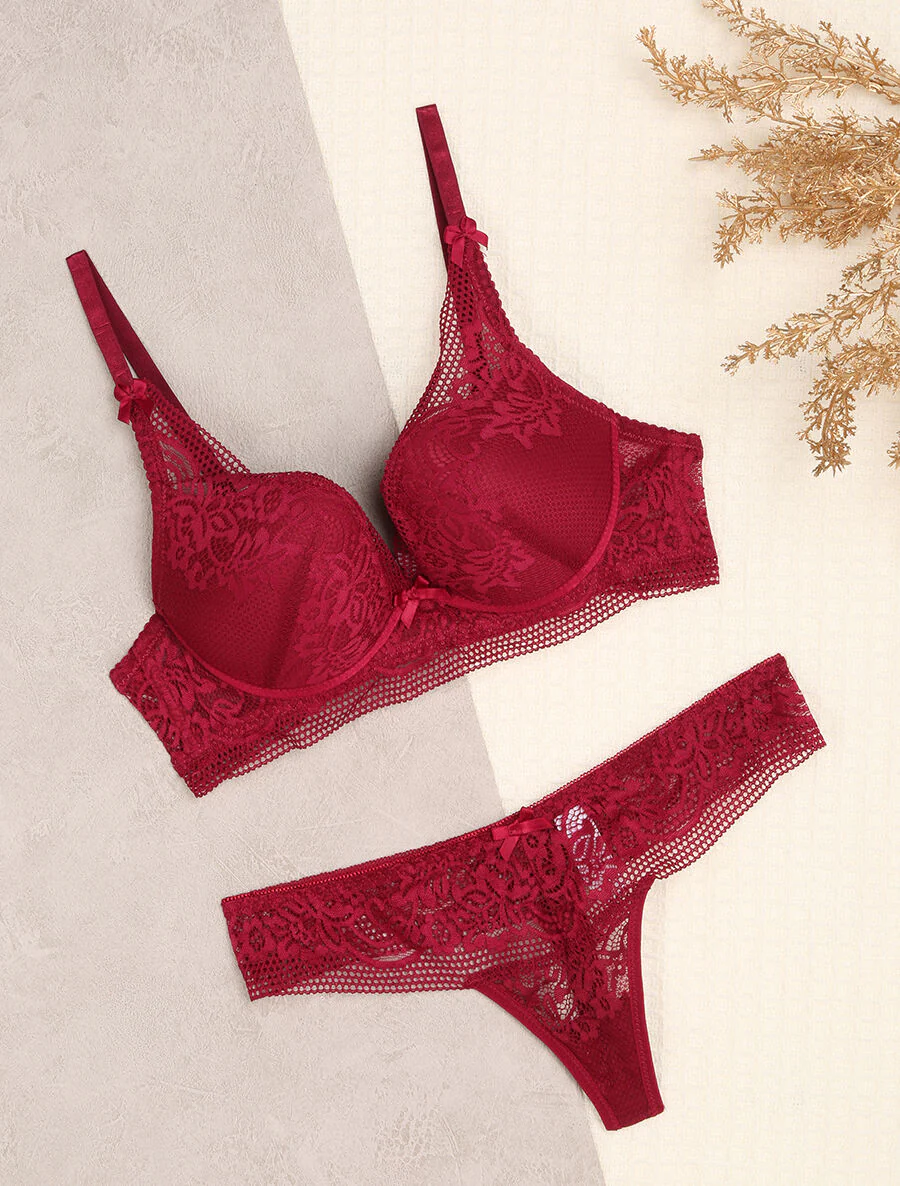 Kanten set met bloemen en strikdetail - Bordeaux