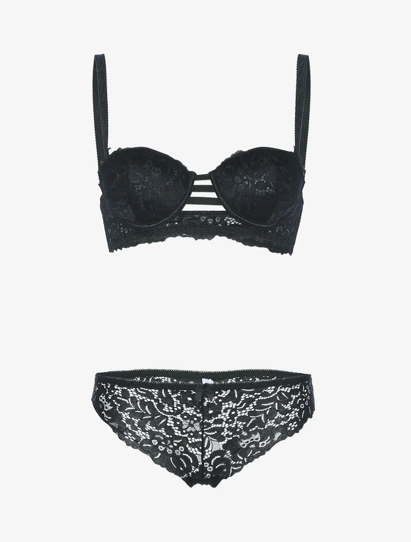 Set bustier in geschulpte kant en bandjes - zwart