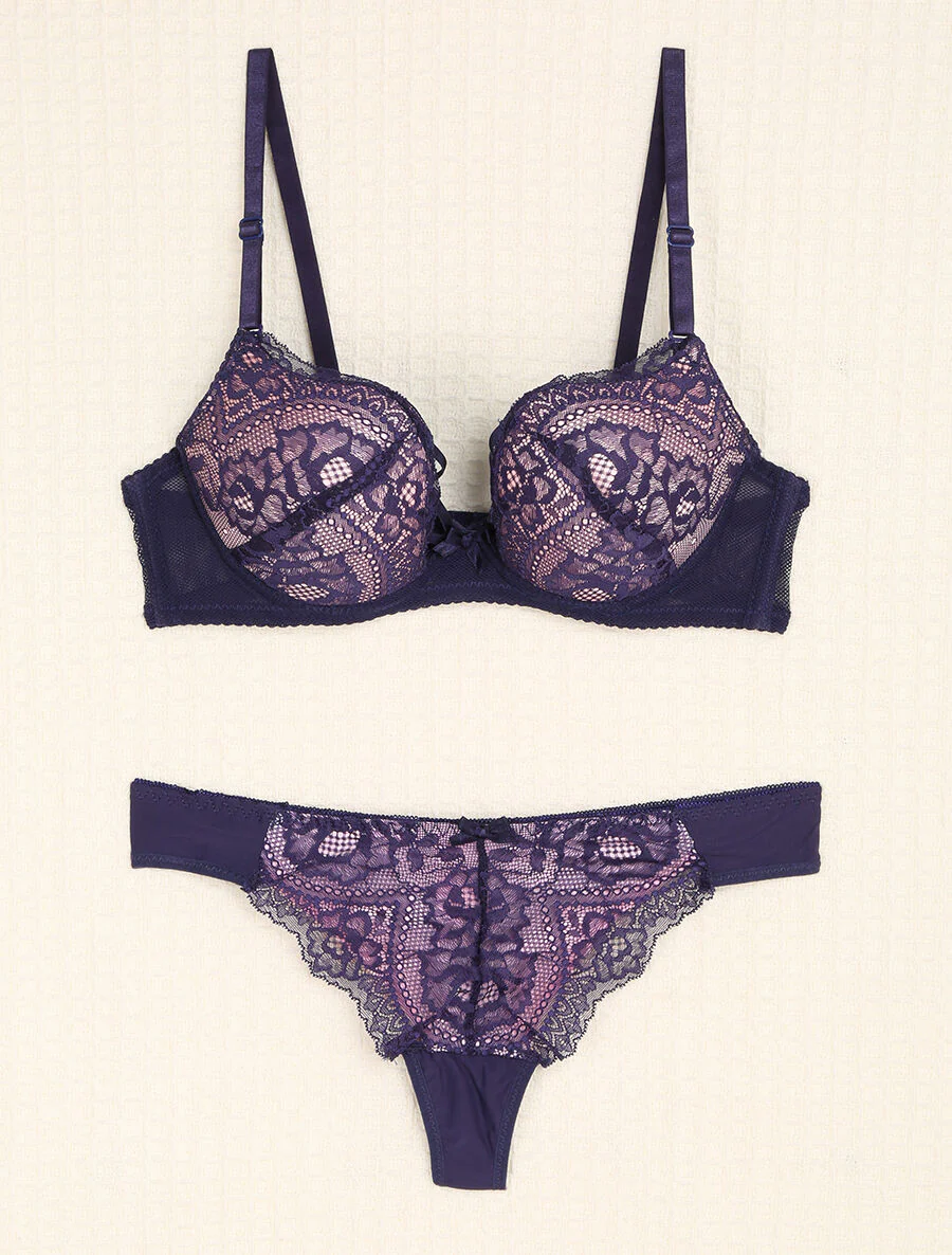 Kant- en tule set met bandjes - Violet/nude