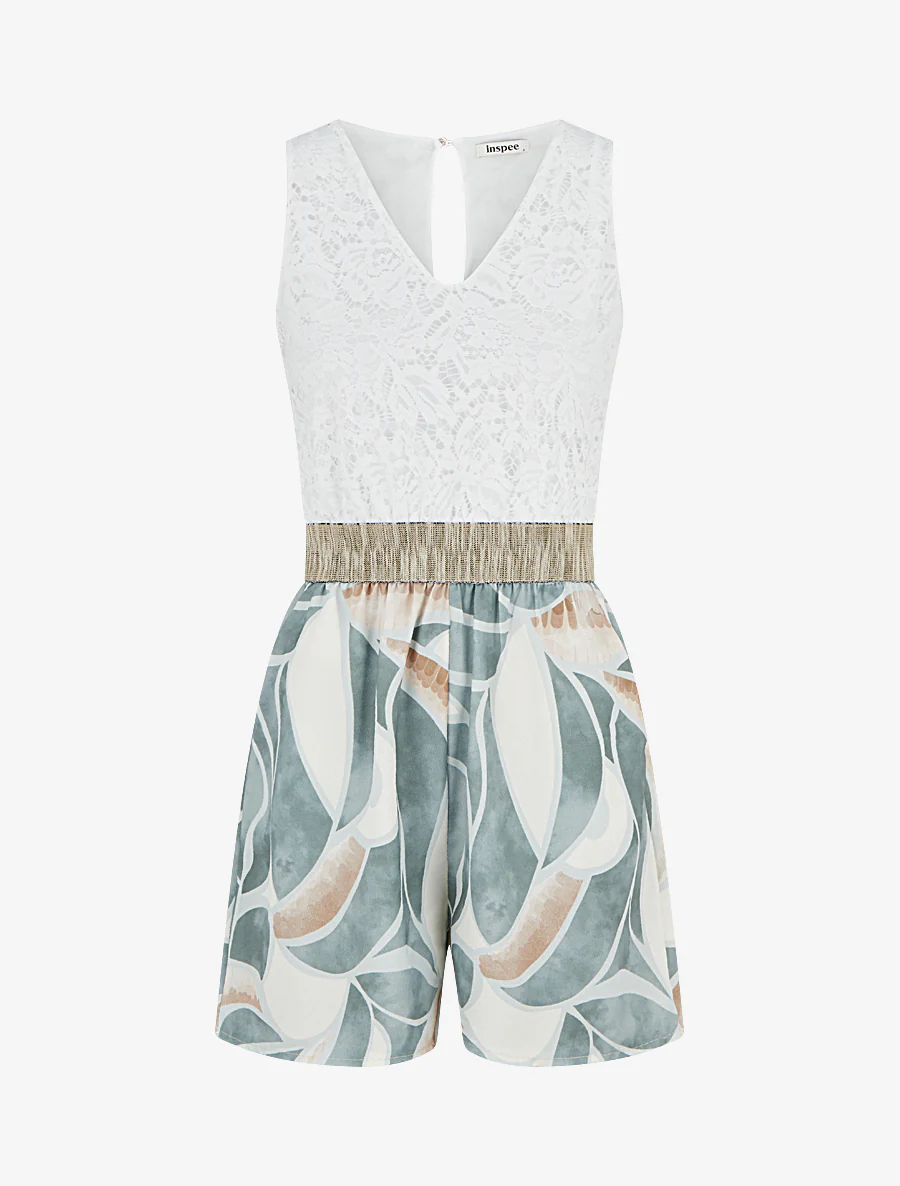 Kanten jumpsuit met grafische print - Kaki