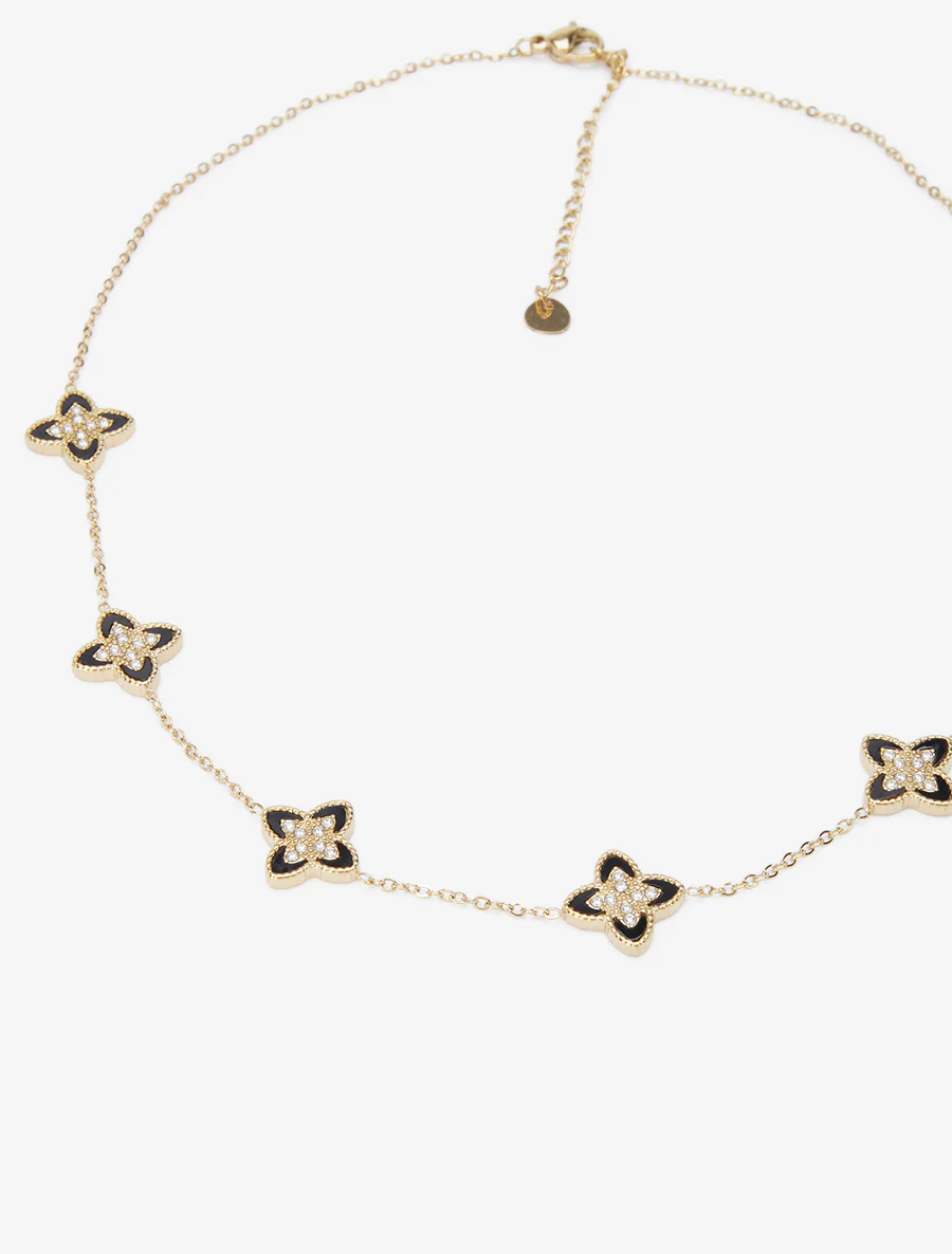 Ketting met klavers versierd met witte zirkonen - Goud/zwart - Image 3