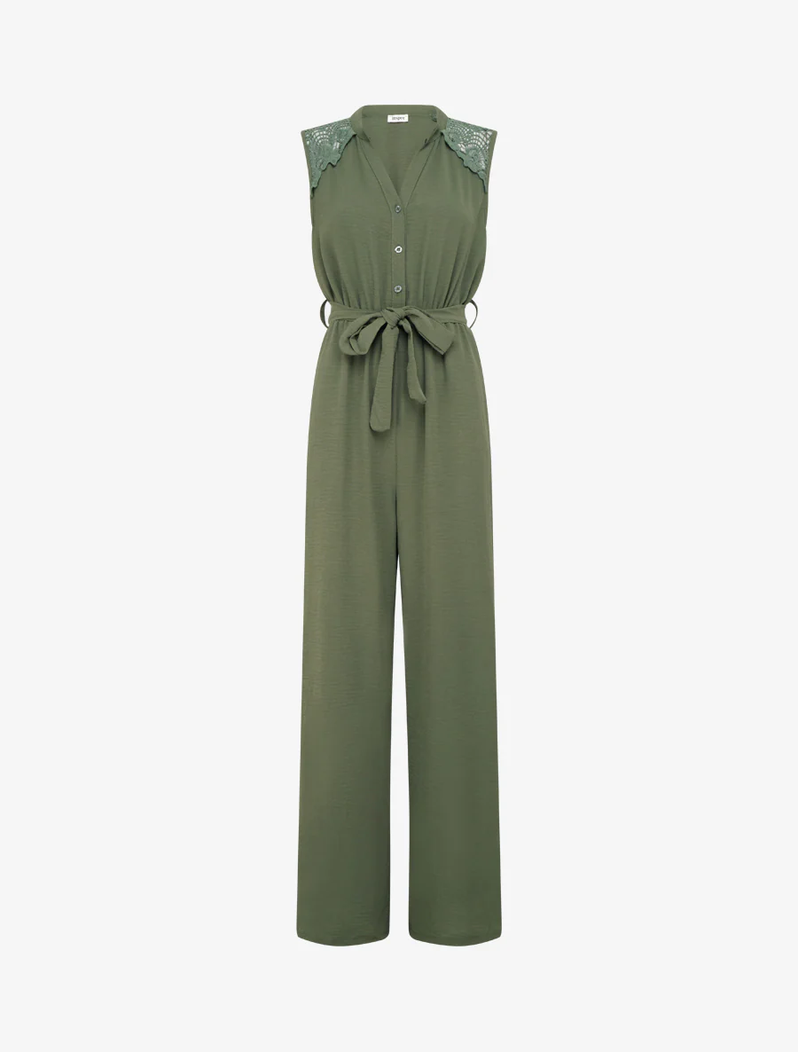 Knoopsluiting jumpsuit met kanten schouders - Kaki