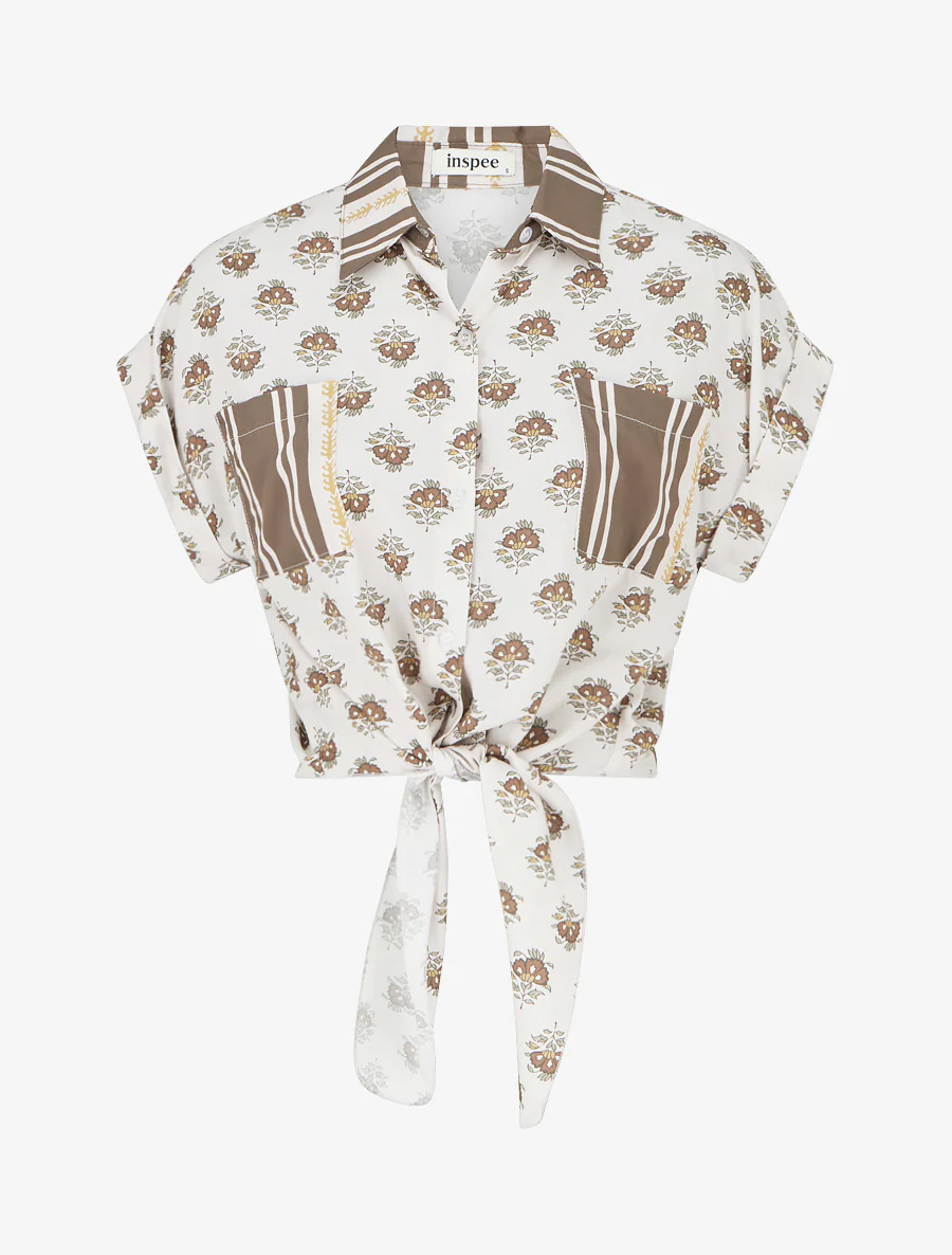 Kort bloemenprint knoopblouse - Bruin