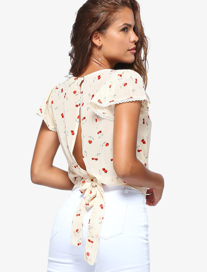 Korte top met kersenprint - beige - Image 2