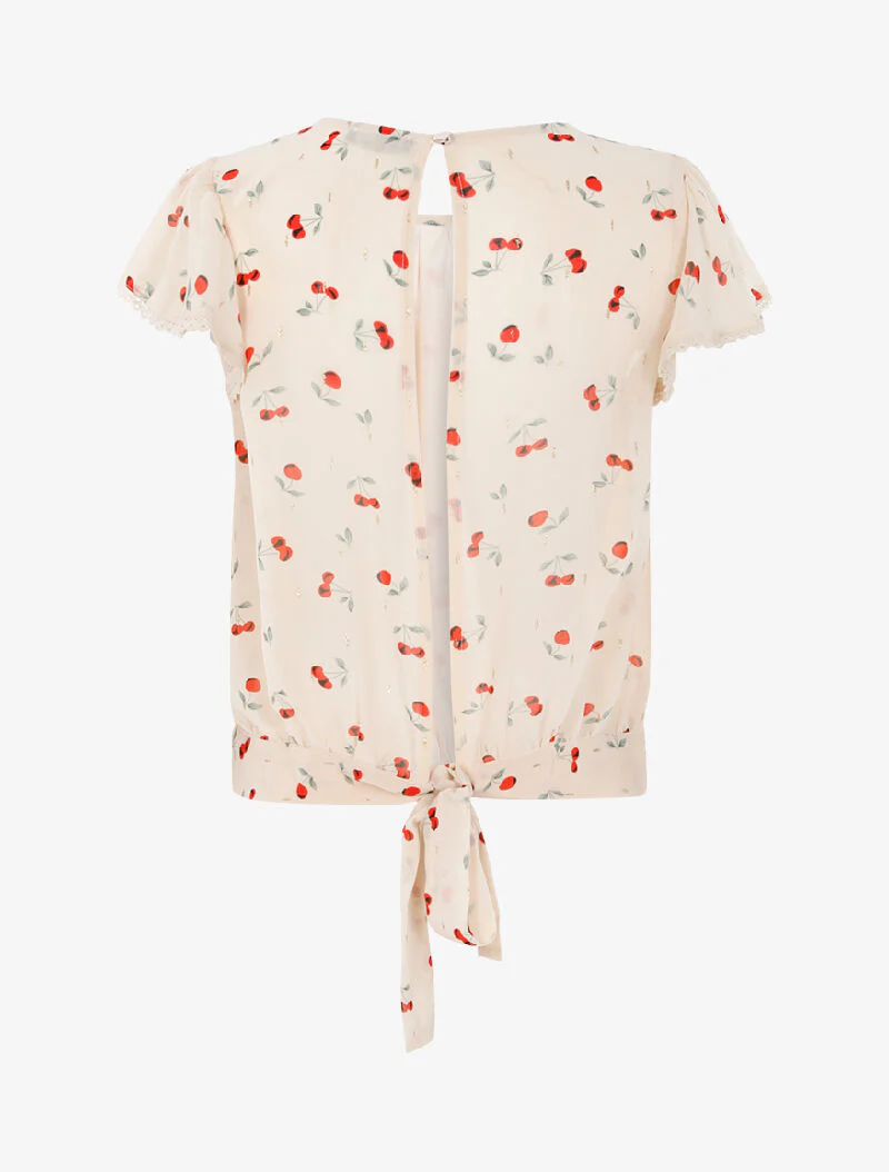 Korte top met kersenprint - beige - Image 5