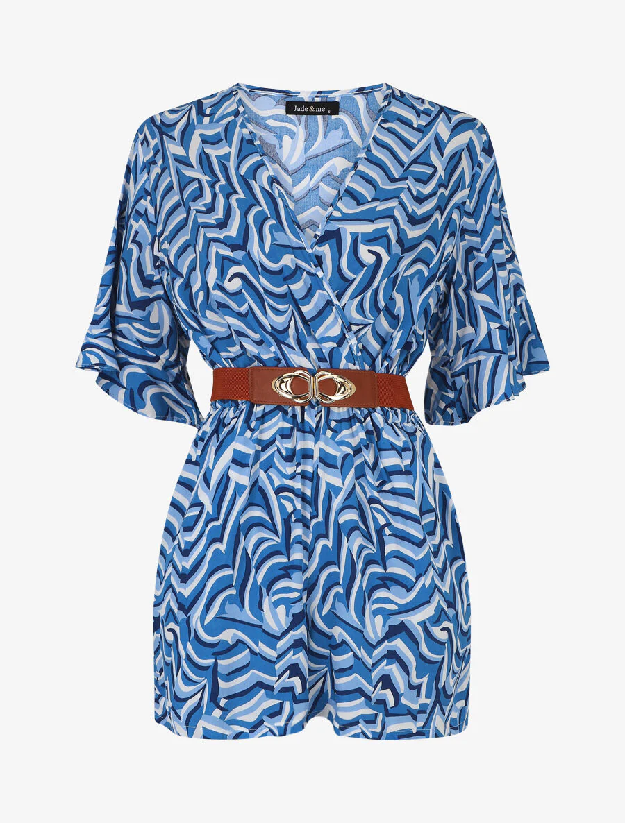 Korte jumpsuit met korte mouwen en grafische print - Blauw