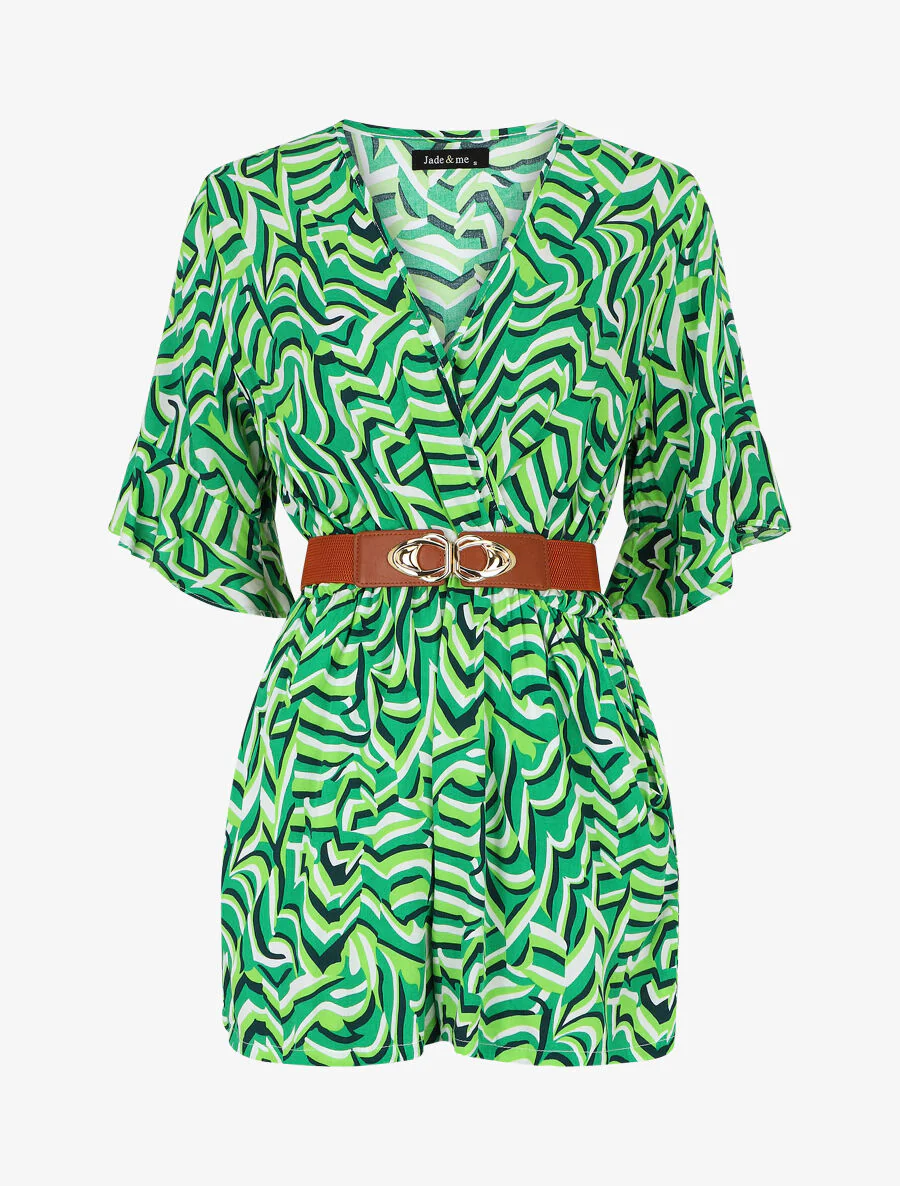 Korte jumpsuit met korte mouwen en grafische print - groen