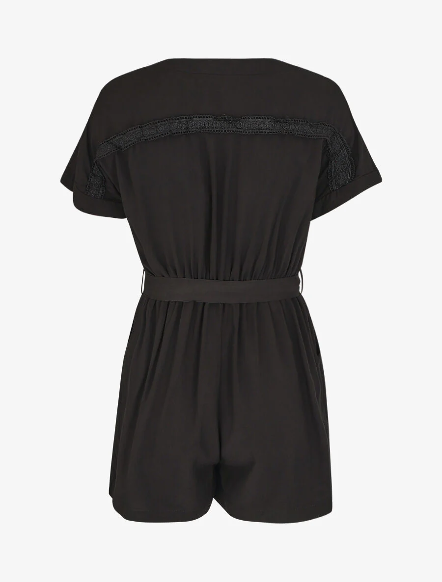 Korte jumpsuit met korte mouwen en kant - zwart - Image 2