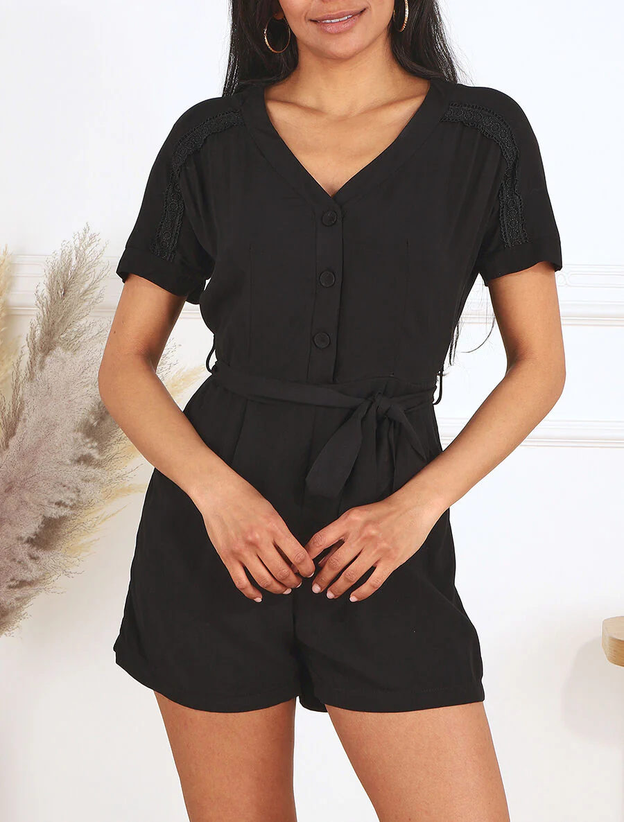 Korte jumpsuit met korte mouwen en kant - zwart - Image 4