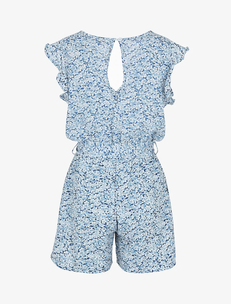 Korte soepele jumpsuit bloemenprint met ruches aan de mouwen - Blauw - Image 2
