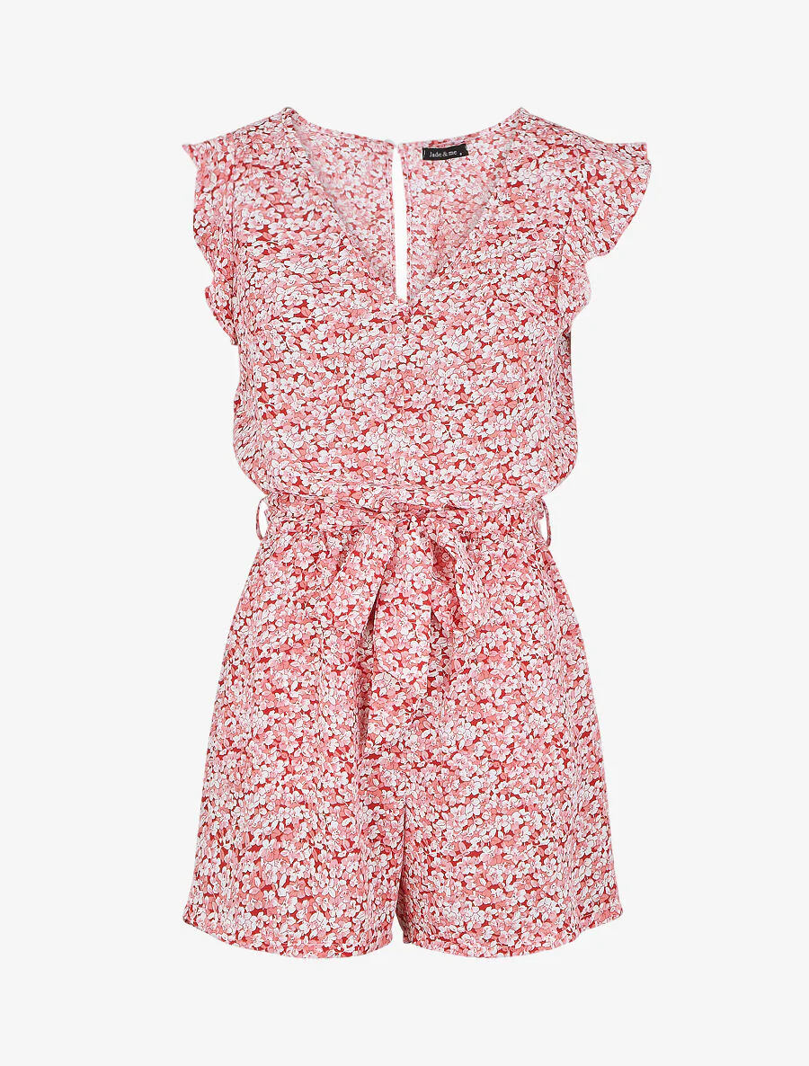 Korte soepele jumpsuit bloemenprint met ruches aan de mouwen - rood