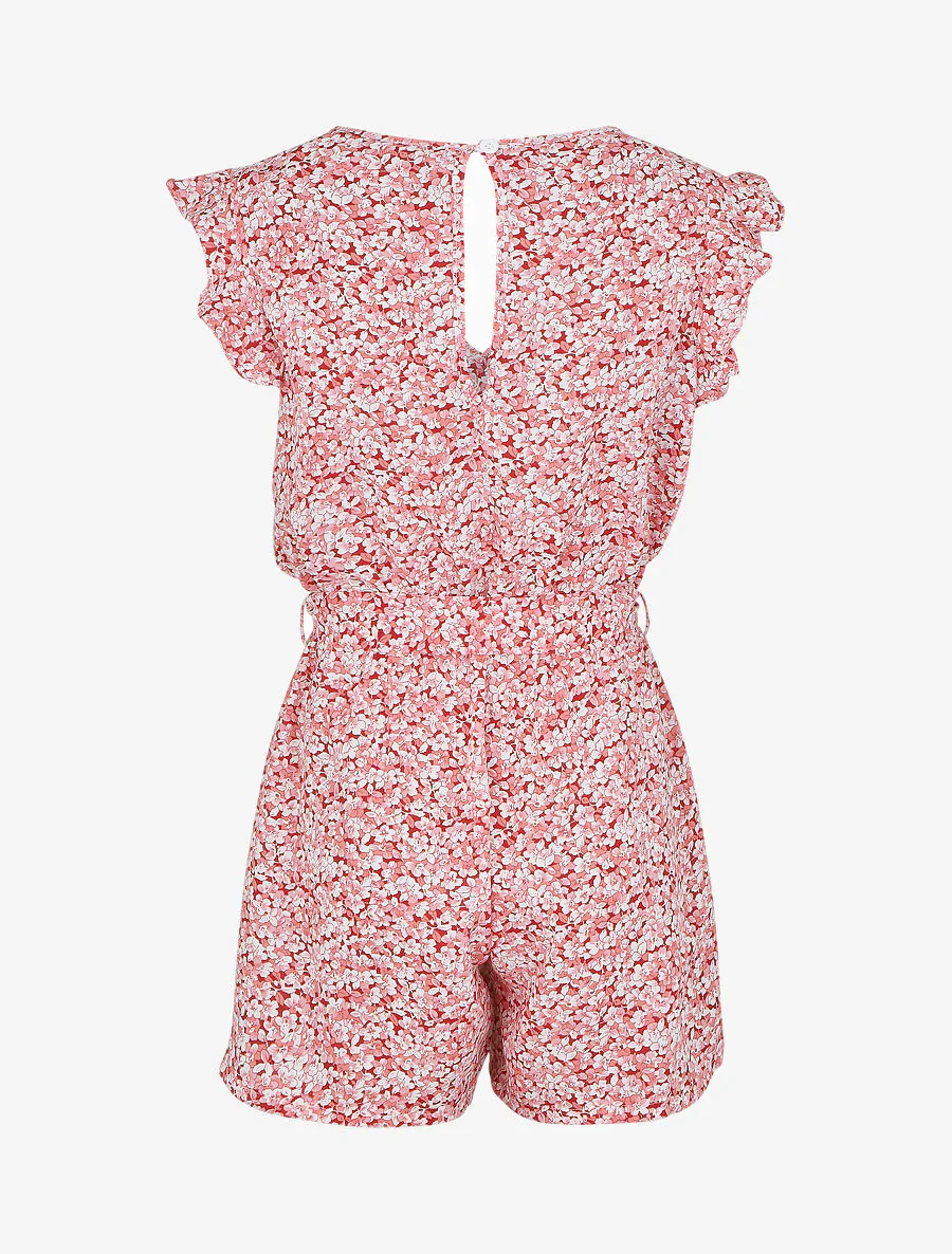 Korte soepele jumpsuit bloemenprint met ruches aan de mouwen - rood - Image 2
