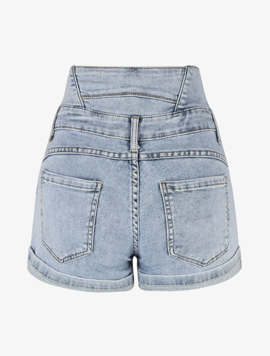 Korte spijkerbroek met rolzomen en een hoge elastische taille - Blauw - Image 2