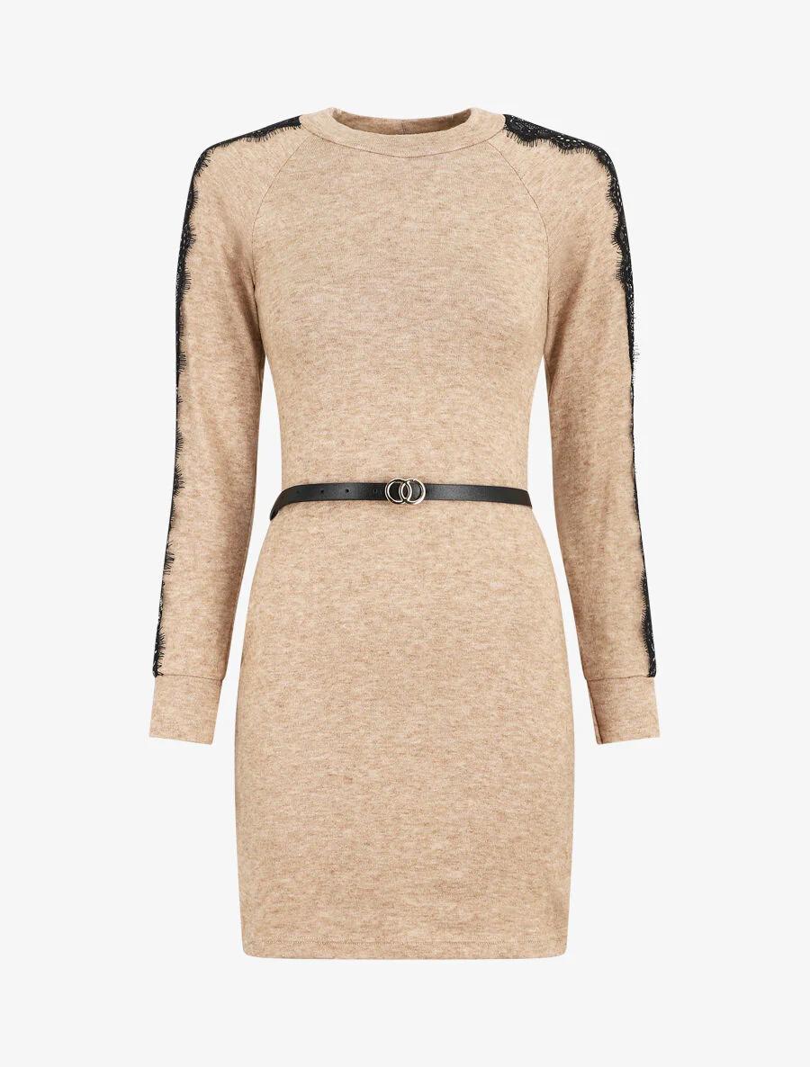 Korte trui jurk met kanten mouwen - Beige