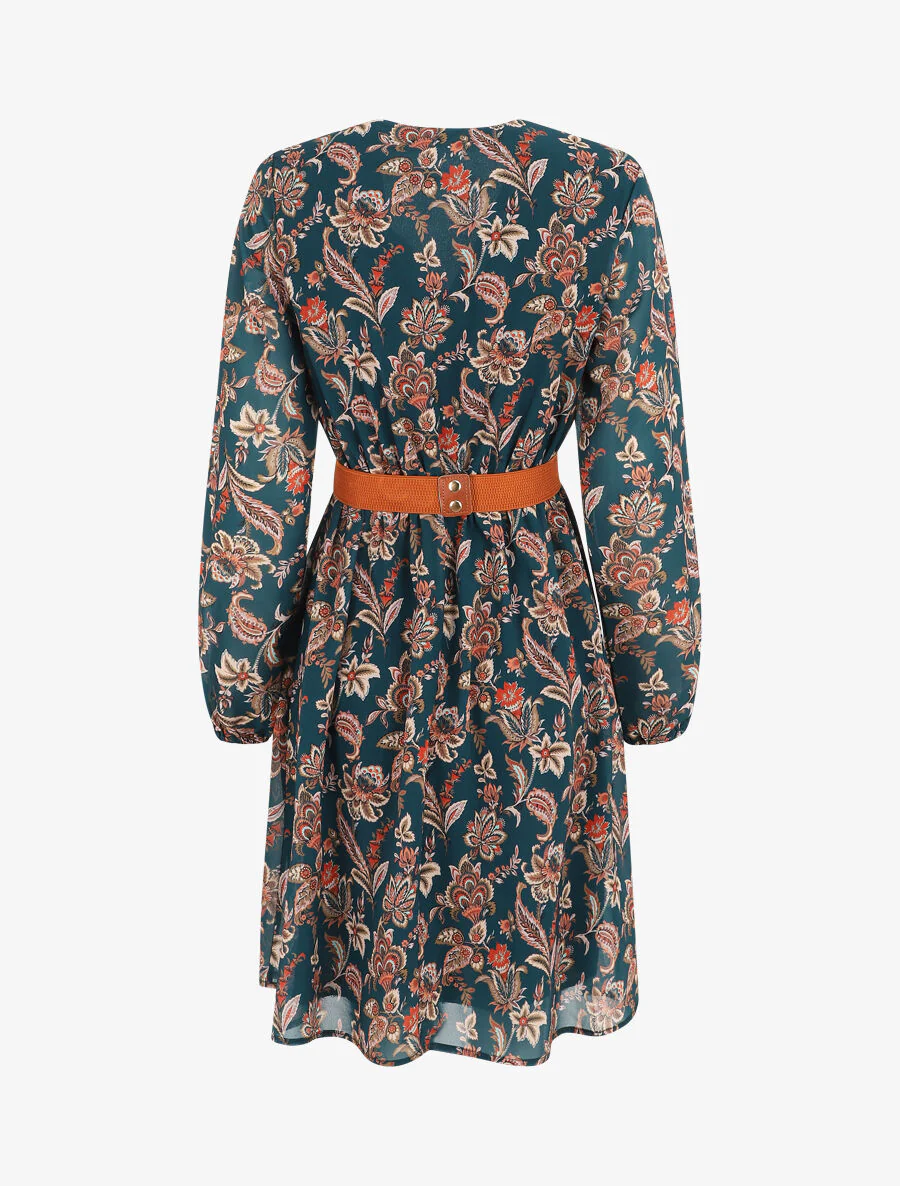Korte uitlopende jurk met paisleyprint - Blauwgroen - Image 2