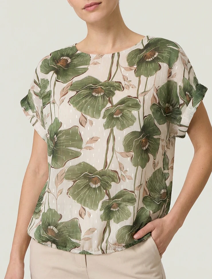 Kortebloemenprinttop met korte mouwen - Kaki - Image 4
