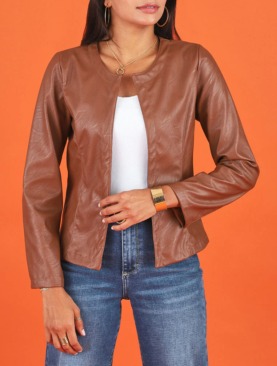 Kunstleren blazer zonder sluiting - Bruin - Image 4